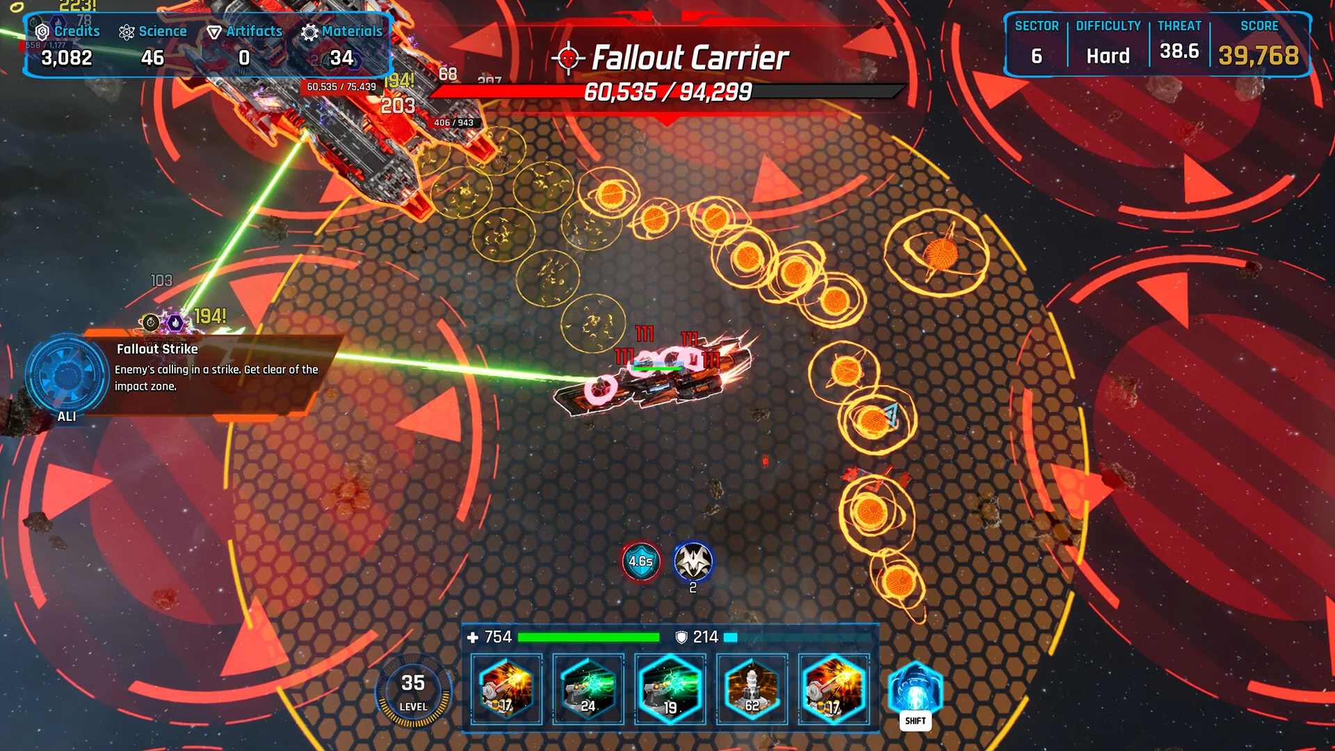 Starforged Legacy gameplay: a starship fighting through an enemy swarm